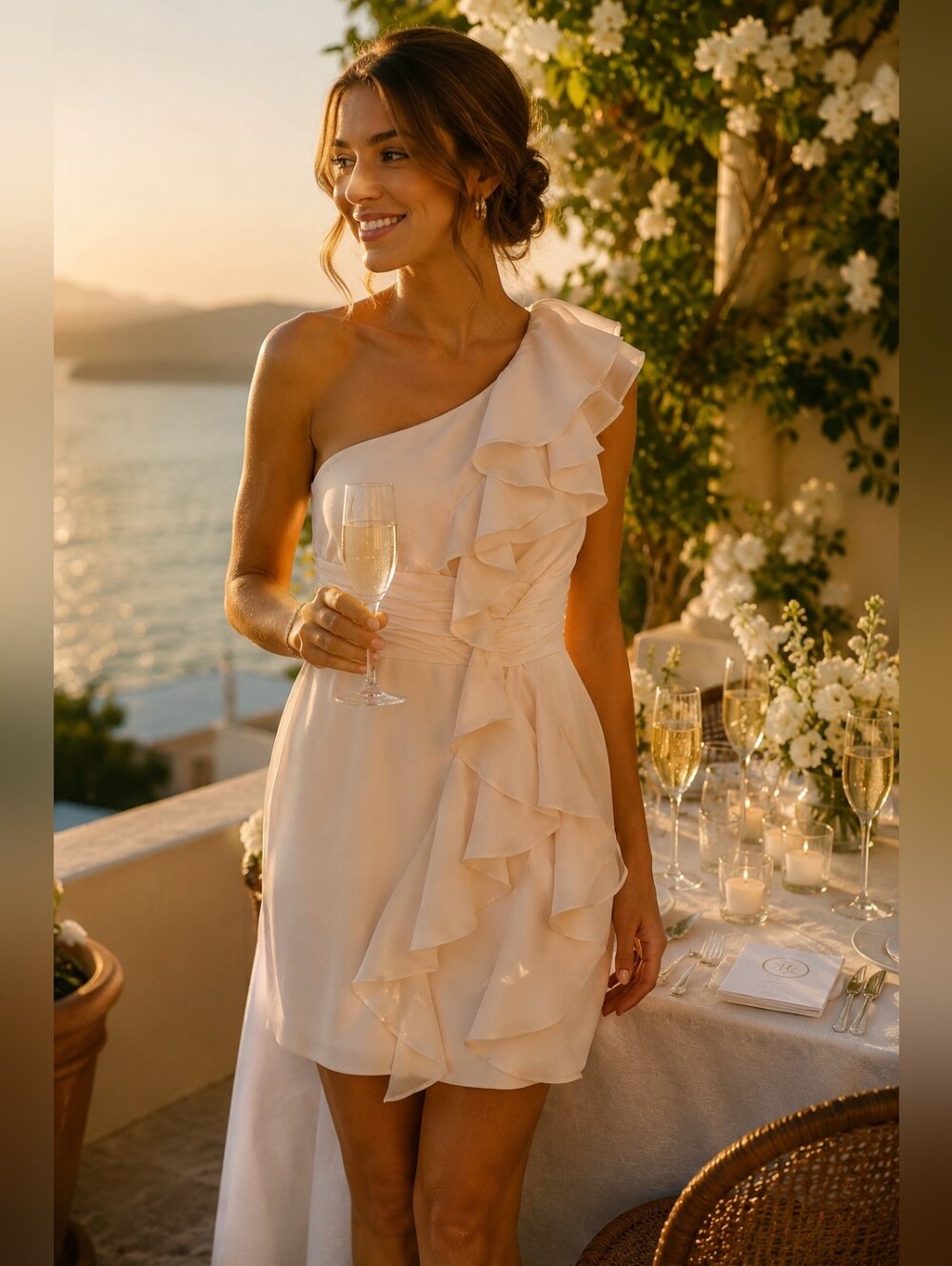 Marchesa Notte Silk One-Shoulder Ruffle Cocktail Dress Blush Ivory | Size 10 |